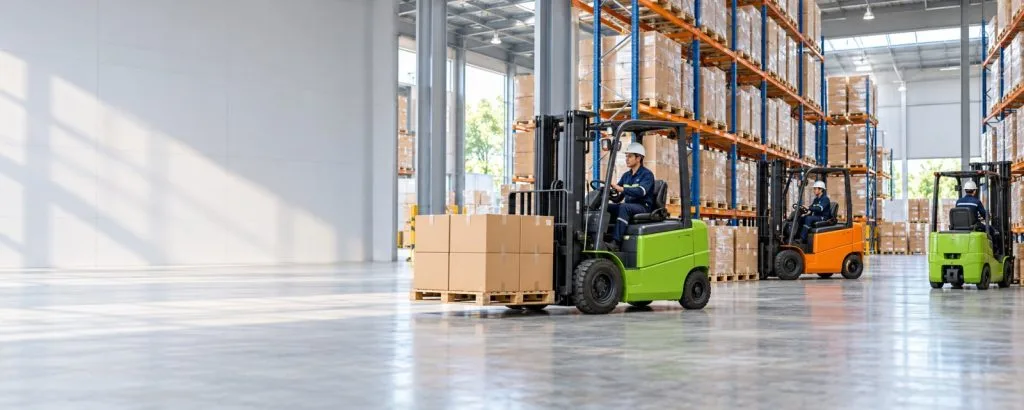 Xe nâng đang làm việc trong kho hàng